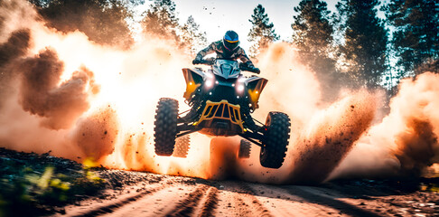 Wall Mural - Extreme sport activities theme. Man jumping atv vehicle on offroad track in touristic tour. Generation AI