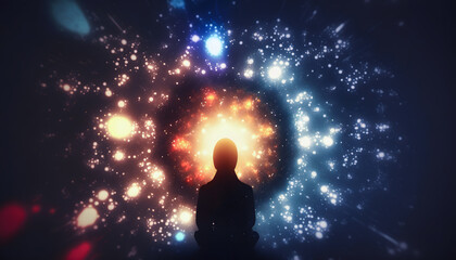 Wall Mural - astral yoga silhouette of human in cosmic space meditate. back view man practicing transcendental sp