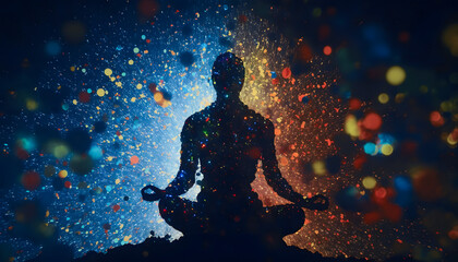 Wall Mural - astral yoga silhouette of human in cosmic space meditate. back view man practicing transcendental sp