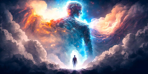 Wall Mural - astral silhouette of human in cosmic space meditate. back view man fly transcendental spiritual medi