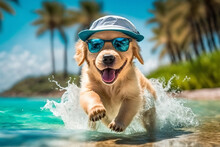 A Cute Puppy In A Hat And Sunglasses Runs Along The Sand On The Sea Coast Under Palm Trees. AI Generated