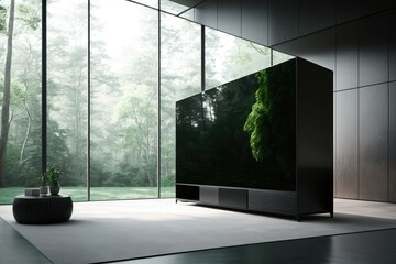 Sticker - Interior of modern living room with black walls, concrete floor, panoramic windows and black tv screen