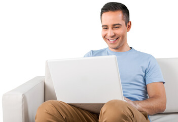 Portrait of young man using laptop isolated on white background