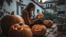 Perspective View Woman Carving Pumpkin For Halloween, Sitting On Terrace Of House. Generative AI
