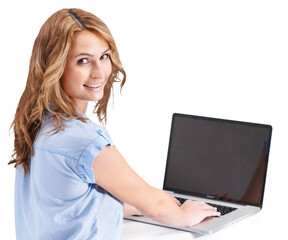 Portrait, woman and laptop mockup for networking, digital marketing and seo research. Happy worker, pc typing and website analytics on technology with screen isolated on a transparent png background