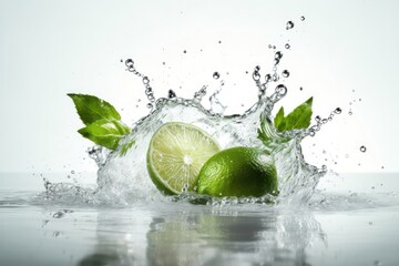 Wall Mural - Water splash on color background with lime slices, mint leaves, and ice cubes as a concept for summertime. AI generated