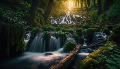 Wall Mural - beautiful deep forest waterfall with sunset (ai generated)