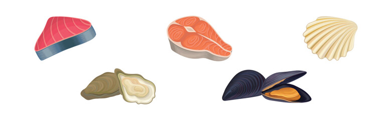 Sticker - Seafood with Tuna, Salmon, Oyster and Scallop Vector Set