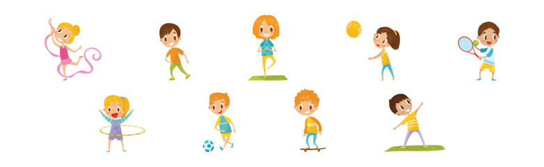 Wall Mural - Happy Children Doing Sport and Physical Exercise Vector Set