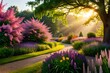Schöner Garten im sanften Licht mit farbigen Blumen