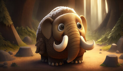 cute cartoon mammoth in the forest (ai generated)