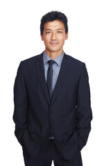 Wall Mural - Portrait, Asian and business man standing isolated on a transparent png background. Professional, male and hands in pocket, pride and confident entrepreneur, executive or serious person from Japan.