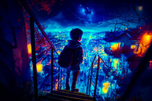Boy Standing At The Top Of Stairs Looking At City At Night. Generative AI.