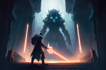 Digital illustration painting design style a warrior holding a light saber against monster in futuristic building. (ai generated)