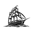 Ship With Sails On Waves Logo Monochrome Design Style
