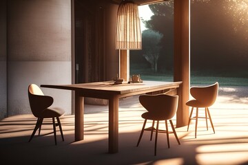 Two armchairs placed under long bar wooden table with soft sunlight in late afternoon - generative ai
