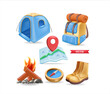 Camping concept 3D illustration. Icon composition with tourist bag, campfire, tourist boots, tourist tent, compass, map. Rest in the mountains and forest. Vector illustration for modern web design.