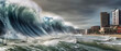 generative ai illustration of a monster tsunami approaching a city