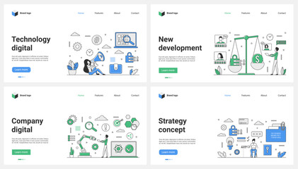 Poster - Development of digital marketing, new modern promotion company strategy set vector illustration. Cartoon tiny people advertise commerce campaign with megaphone, evaluate information on balance scales