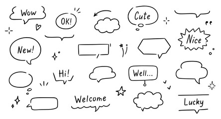 Poster - Balloon text frame decoration set. Simple hand drawn pen line speech bubble, cloud, balloon frame for text border. Doodle elegant dialog bubble, title headline. Vector illustration