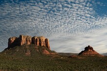 Scenic View Of Castle Rock Formation In Sedona, AZ, USA On A Cloudy Day