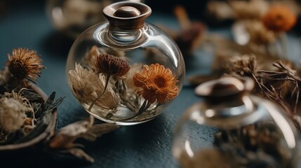 Dry flower and herbarium in small flasks flower. Al generated