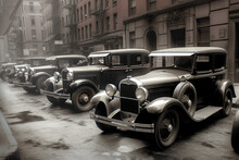 Illustration Of Cars In The 1930s Parked In The Street During A Mafia Meeting, Generative Ai.