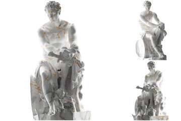 Luxurious white marble and gold statue of Ludovisi Ares, perfect for fashion apparel promotion.