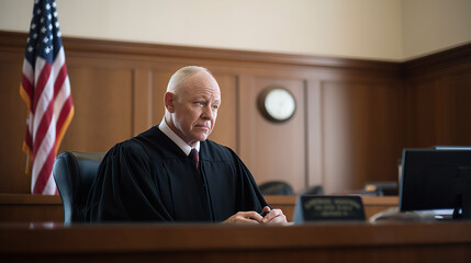 Poster - A judge sitting at a desk in front of an american flag. AI generative image