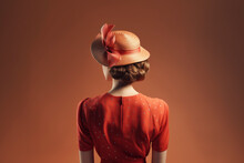 Woman In Red Dress And A 1950s Style Hat Against Red Background, Shot In The Studio, Rear View, Created With Generative AI Technology
