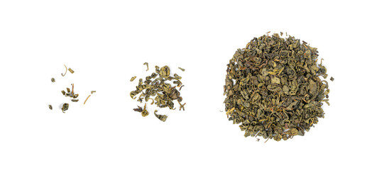 Wall Mural - Matcha and Green Tea Leaves Mix Isolated, Dry Fresh Herbal Tea Pile, Healthy Drink Ingredient