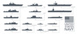 US navy icon set. Military vessels on white background. Vector illustration