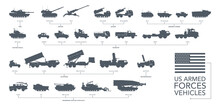 US Armed Forces Icon Set. Military Vehicles Silhouette On White Background. Vector Illustration
