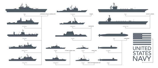 us navy icon set. military vessels on white background. vector illustration