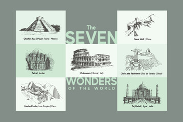 seven wonders drawn with a pen. the new seven wonders of the worlds.