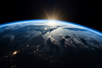 Wall Mural - earth from space with blue sunrise and stars in the background. generative ai