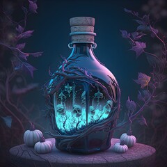 Gothic witchy bones in a terrium potion bottle, magical nature illustration