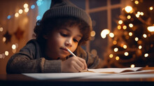 A Child Boy Write A Letter To Santa Claus Ordering Gifts For Christmas. The Concept Of Christmas, Celebration And Happy Childhood. Generative AI