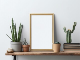 Mock up frame, cactus and books on a shelf