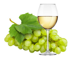 Wall Mural - white Wine in glass with grape isolated on white background, full depth of field