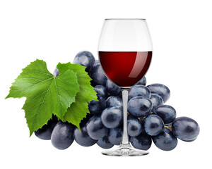 red Wine in glass with grape isolated on white background, full depth of field