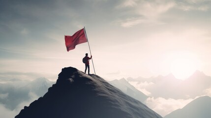Businessman with flag standing on mountain top. Businessman climbing for business success goals. Generative AI