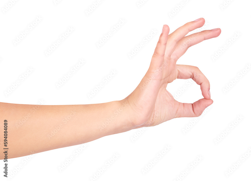 Okay, sign and hand of woman on png, isolated and transparent background for opinion, vote and yes. Advertising, review and girl with ok gesture for agreement, good job and perfect icon