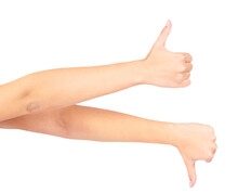 Thumbs Up, Down And Hands Of Model Woman For Png, Isolated And Transparent Background For Yes And No. Confused Emoji, Feedback And Girl With Unsure Hand Gesture For Agreement, Like And Dislike