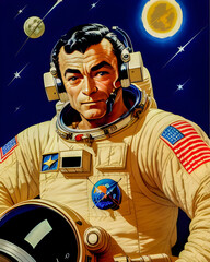 vintage retro astronaut holding his helmet outer space background. generative ai science fiction ill