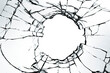 Cracked broken glass on a white background. Damaged window texture with a hole