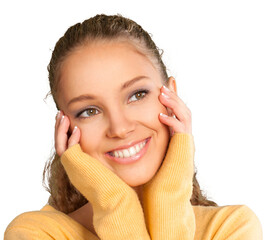 Wall Mural - Beautiful young woman smiling and holding face