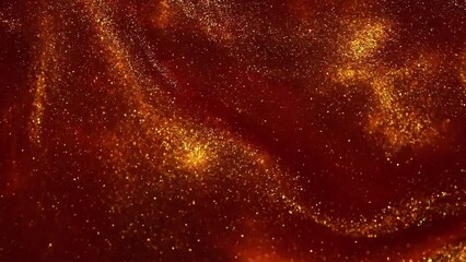 Wall Mural - Swirling motion of gold particles in red liquid. Abstract moving gold dust particles on red. Romantic or Christmas luxurious background. Floating gold particles.