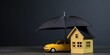 An umbrella shielding a miniature house and car, set against a protective, supportive background, concept of Security Blanket, created with Generative AI technology