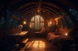 Hobbit house interior, inside fantasy wooden hut at night in forest, generative AI